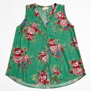 Umgee Floral Sleeveless Blouse XL Green Cottagecore Boho Lightweight Tunic Top